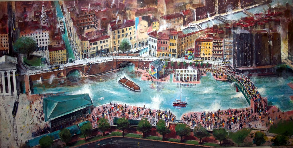028 LA DARSENA DI MILANO.olio e acrilici su tavola cm 70x140 . 2017 2
