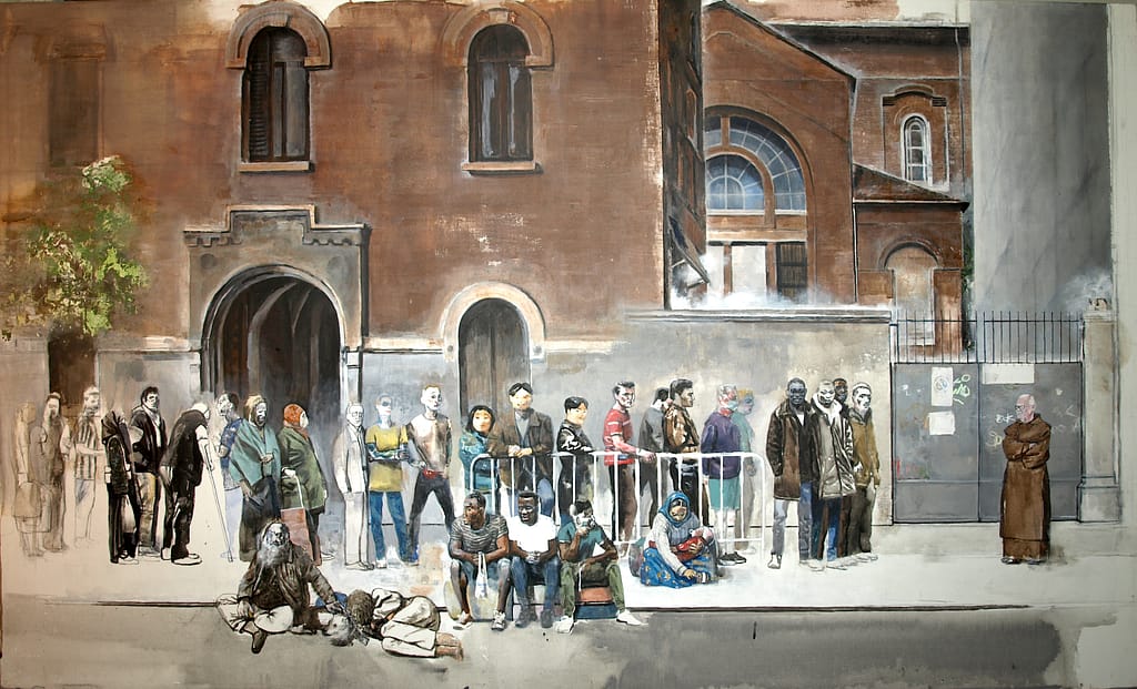 bassa definizione LA MENSA DELLA CARITÀ DI VIA CANOVA- acquarello acrilico china su tela cm 100x170. francesco santosuosso 2022 2