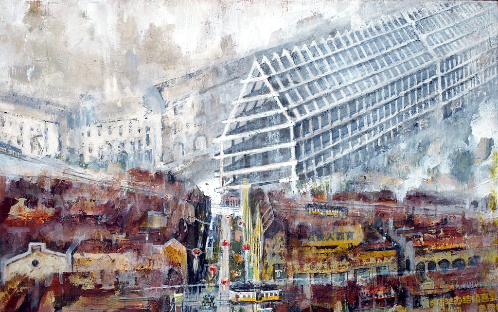 007 LA FELTRINELLI, particolare del quadro VIA PAOLO SARPI, acrilici su tavola .cm100x50. 2022