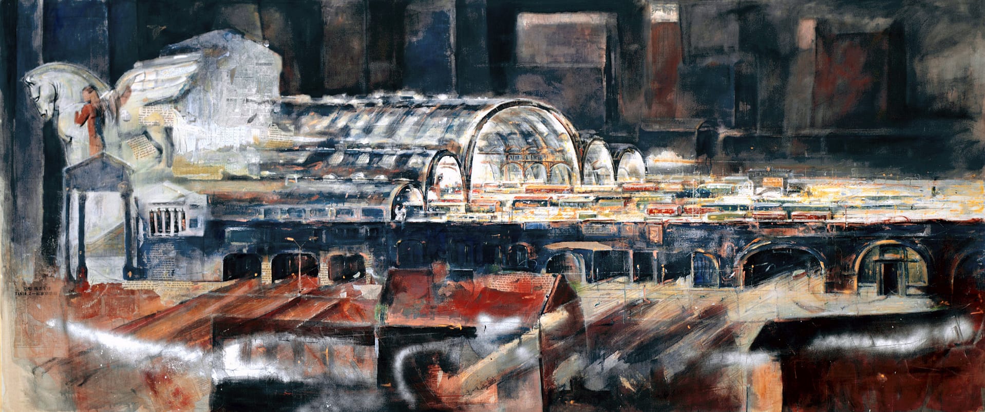 02 STAZIONE CENTRALE, 2000, TECNICA MISTA SU TELA 150X350