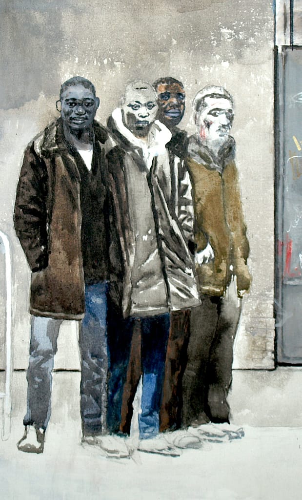 particolare 11 del dipinto .LA MENSA DELLA CARITÀ DI VIA CANOVA. acquarello, china , acrilico, su tela cm 100x170. 2022