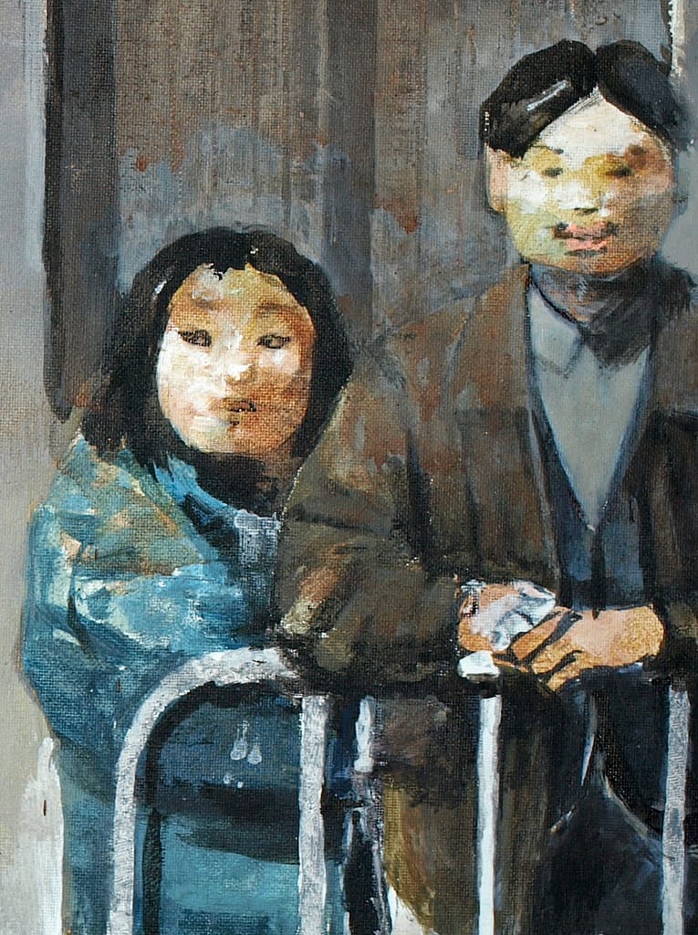 particolare del dipinto .LA MENSA DELLA CARITÀ DI VIA CANOVA. acquarello, china , acrilico, su tela cm 100x170. 2022