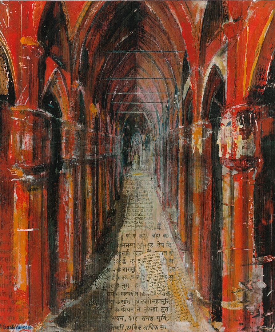 09 CHIESA ROSSA, 2001,TECNICA MISTA SU TAVOLA,CM 34X29